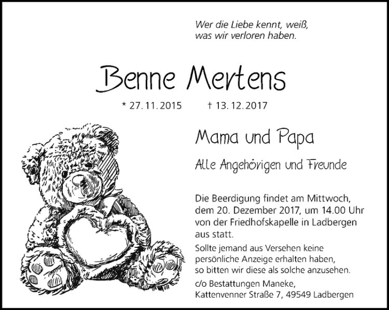  Traueranzeige für Benne Mertens vom 18.12.2017 aus Westfälische Nachrichten