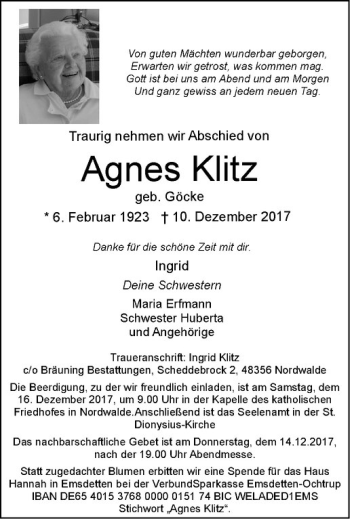 Anzeige von Agnes Klitz von Westfälische Nachrichten