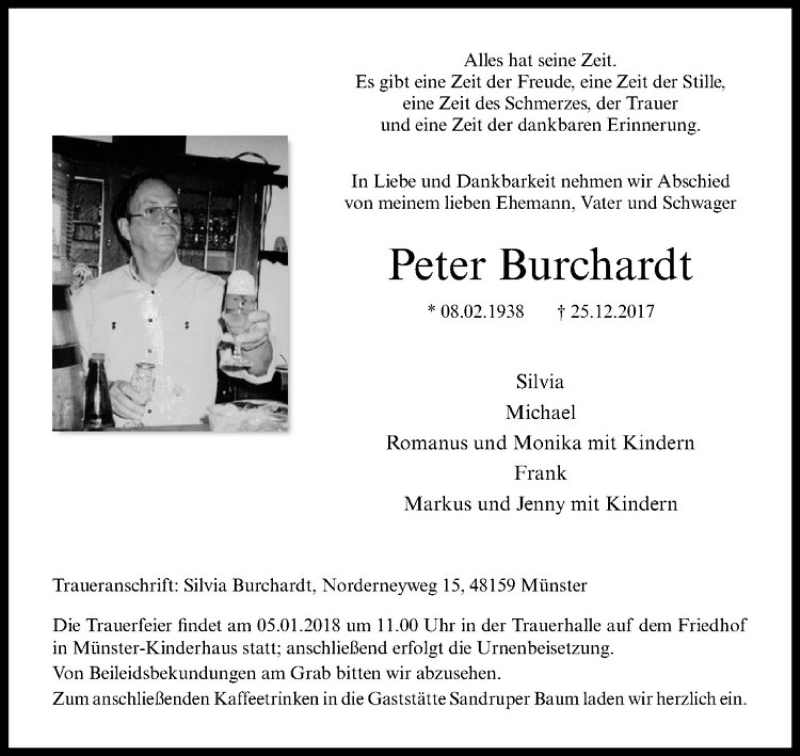  Traueranzeige für Peter Burchardt vom 30.12.2017 aus Westfälische Nachrichten