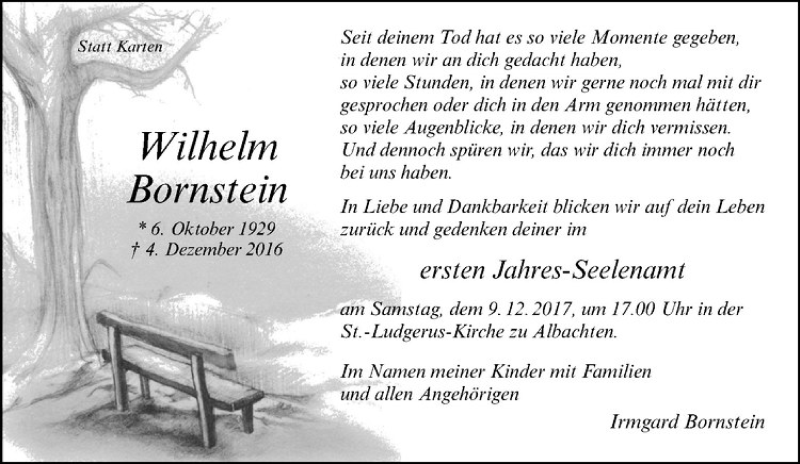  Traueranzeige für Wilhelm Bornstein vom 02.12.2017 aus Westfälische Nachrichten