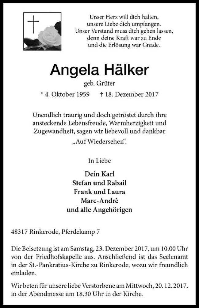  Traueranzeige für Angela Hälker vom 20.12.2017 aus Westfälische Nachrichten