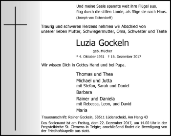 Anzeige von Luzia Gockeln von Westfälische Nachrichten