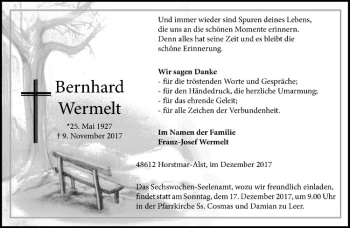 Anzeige von Bernhard Wermelt von Westfälische Nachrichten