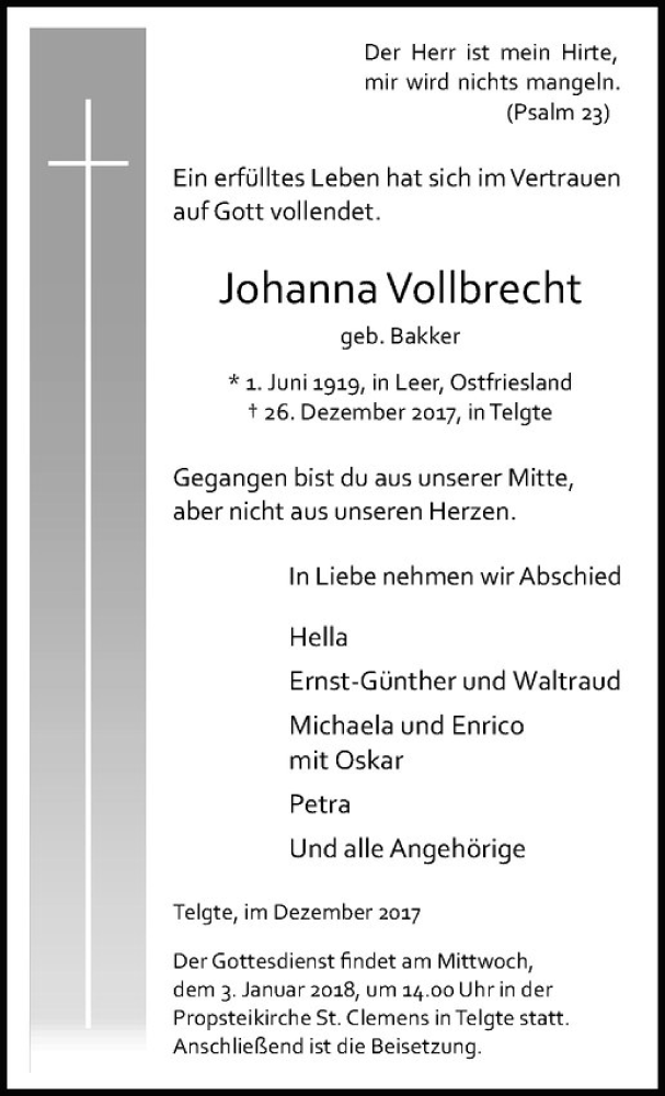 Traueranzeige für Johanna Vollbrecht vom 30.12.2017 aus Westfälische Nachrichten