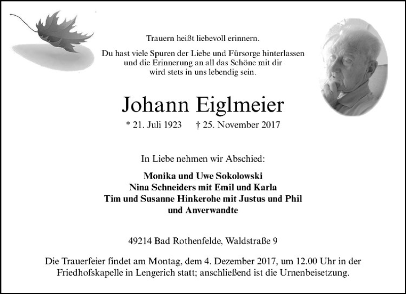  Traueranzeige für Johann Eiglmeier vom 02.12.2017 aus Westfälische Nachrichten