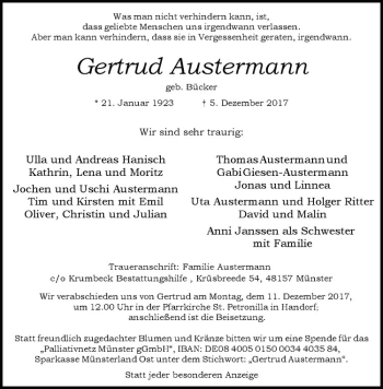 Anzeige von Gertrud Austermann von Westfälische Nachrichten