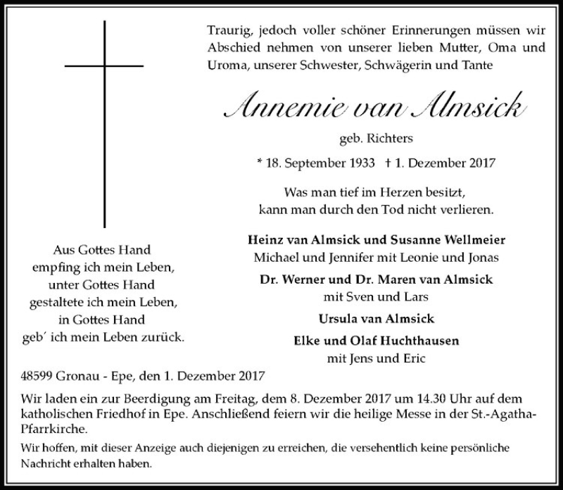  Traueranzeige für Annemie van Almsick vom 05.12.2017 aus Westfälische Nachrichten