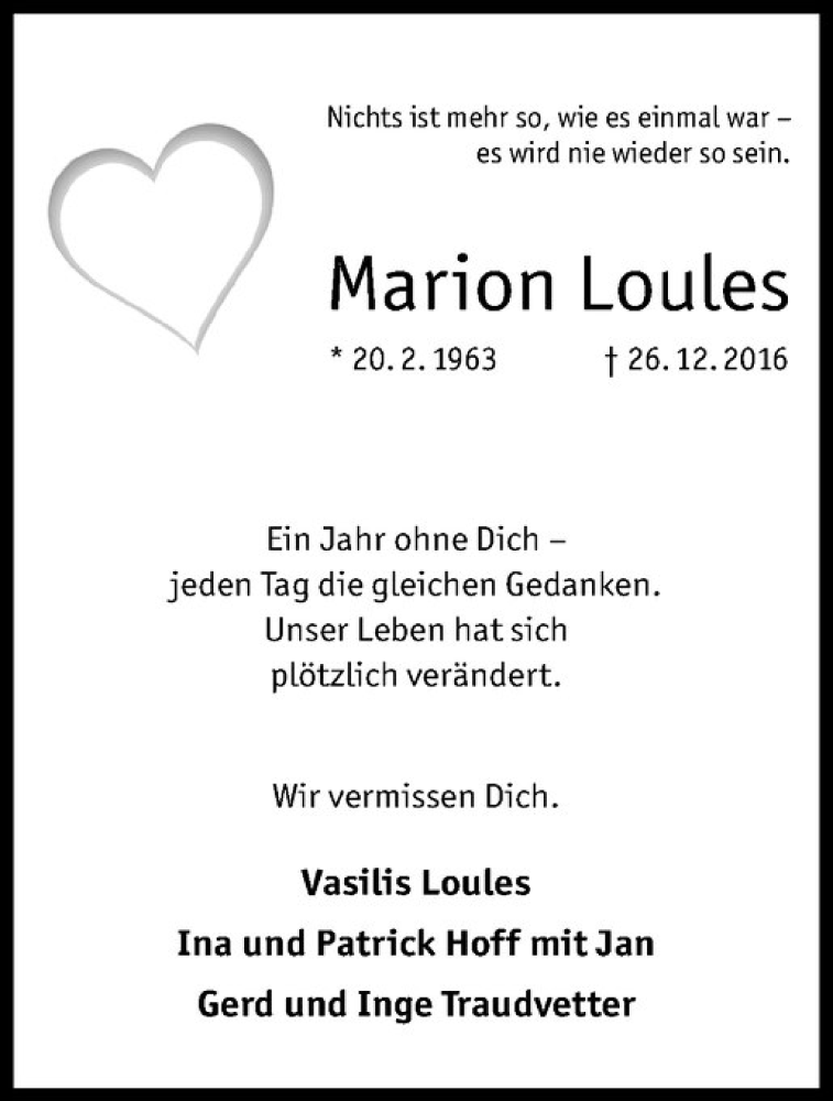  Traueranzeige für Marion Loules vom 27.12.2017 aus Westfälische Nachrichten