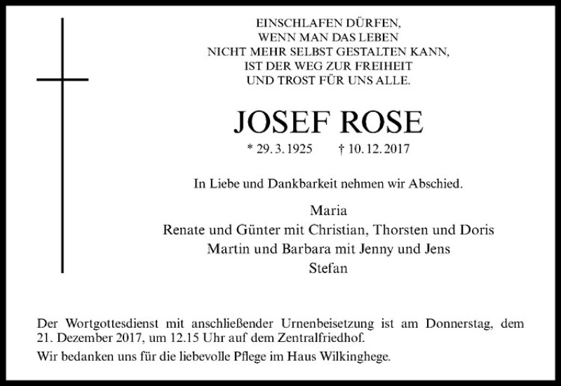  Traueranzeige für Josef Rose vom 16.12.2017 aus Westfälische Nachrichten