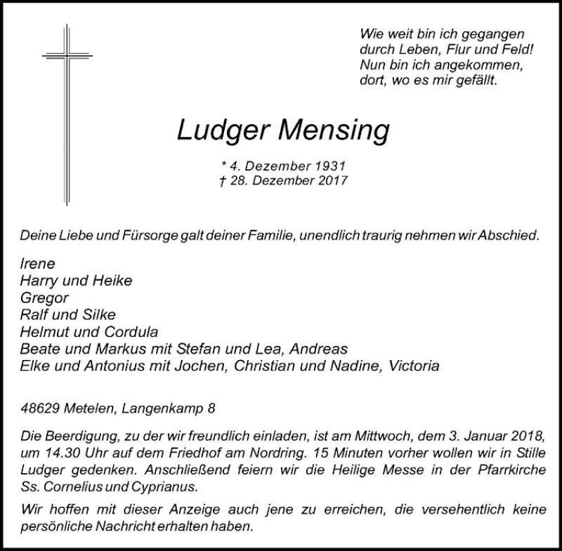  Traueranzeige für Ludger Mensing vom 30.12.2017 aus Westfälische Nachrichten
