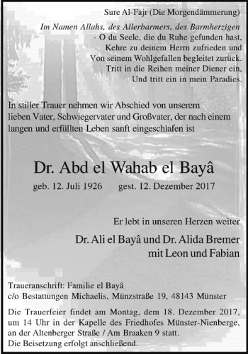 Anzeige von Abd el Wahab el Bayâ von Westfälische Nachrichten