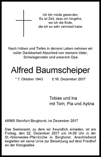 Anzeige von Alfred Baumscheiper von Westfälische Nachrichten