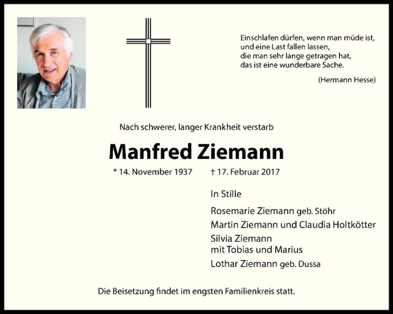  Traueranzeige für Manfred Ziemann vom 25.02.2017 aus Westfälische Nachrichten