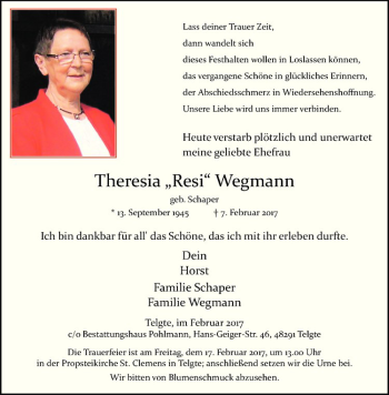 Anzeige von Theresia Wegmann von Westfälische Nachrichten