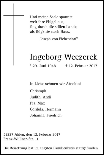 Anzeige von Ingeborg Weczerek von Westfälische Nachrichten