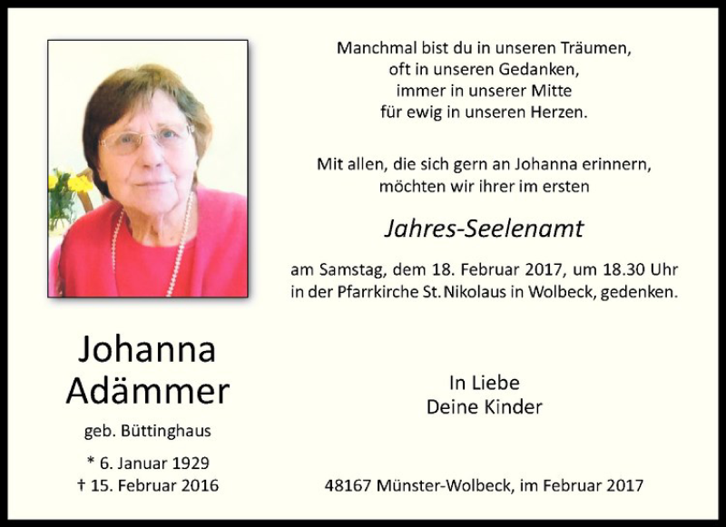  Traueranzeige für Johanna Adämmer vom 11.02.2017 aus Westfälische Nachrichten