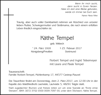 Anzeige von Käthe Tempel von Westfälische Nachrichten