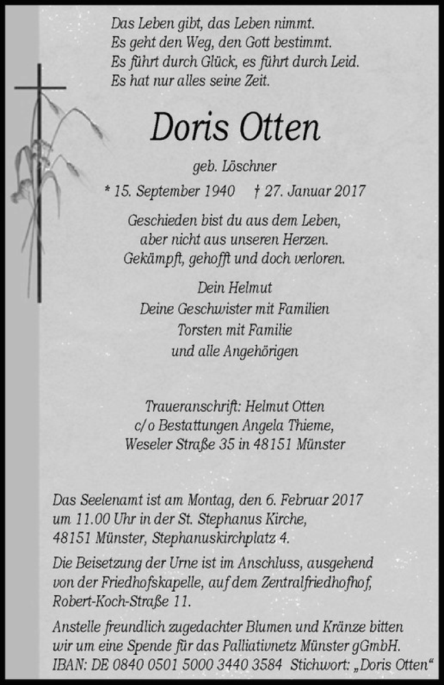  Traueranzeige für Doris Otten vom 01.02.2017 aus Westfälische Nachrichten