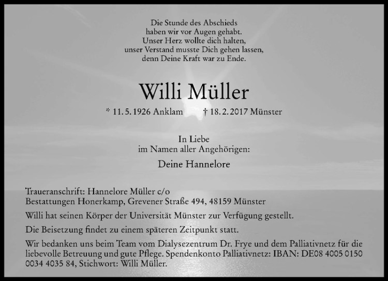  Traueranzeige für Willi Müller vom 22.02.2017 aus Westfälische Nachrichten