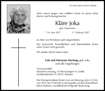 Anzeige von Kläre Joka von Westfälische Nachrichten