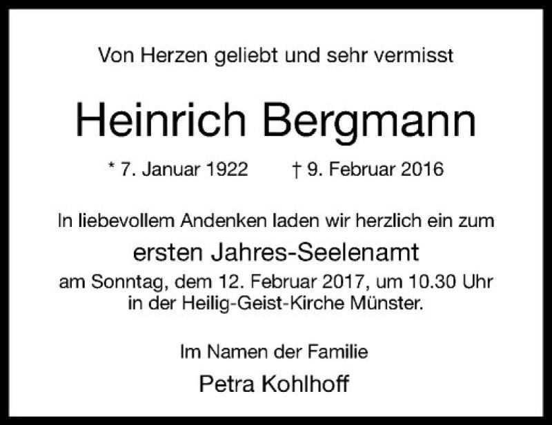  Traueranzeige für Heinrich Bergmann vom 08.02.2017 aus Westfälische Nachrichten