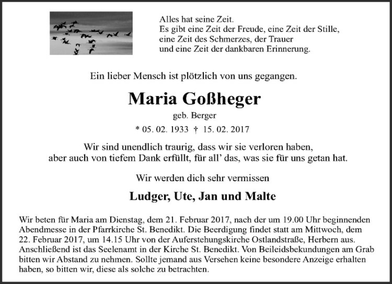  Traueranzeige für Maria Goßheger vom 20.02.2017 aus Westfälische Nachrichten