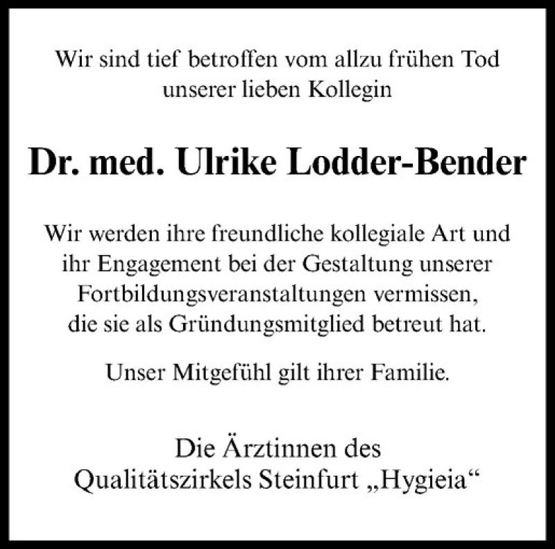  Traueranzeige für Ulrike Lodder-Bender vom 10.02.2017 aus Westfälische Nachrichten