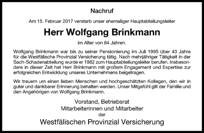  Traueranzeige für Wolfgang Brinkmann vom 24.02.2017 aus Westfälische Nachrichten