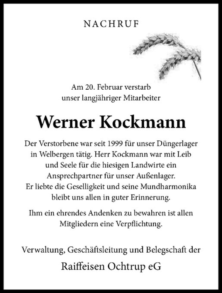 Traueranzeige für Werner Kockmann vom 24.02.2017 aus Westfälische Nachrichten