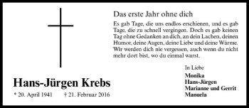 Anzeige von Hans-Jprgen Krebs von Westfälische Nachrichten