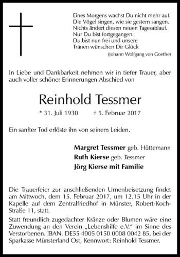 Anzeige von Reinhold Tessmer von Westfälische Nachrichten