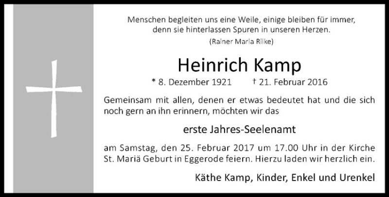  Traueranzeige für Heinrich Kamp vom 22.02.2017 aus Westfälische Nachrichten