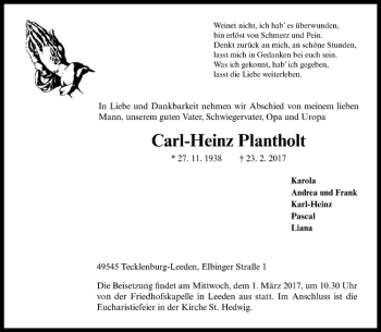 Anzeige von Carl-Heinz Plantholt von Westfälische Nachrichten