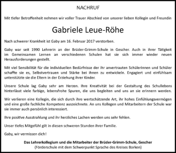 Anzeige von Gabriele Leue-Röhe von Westfälische Nachrichten