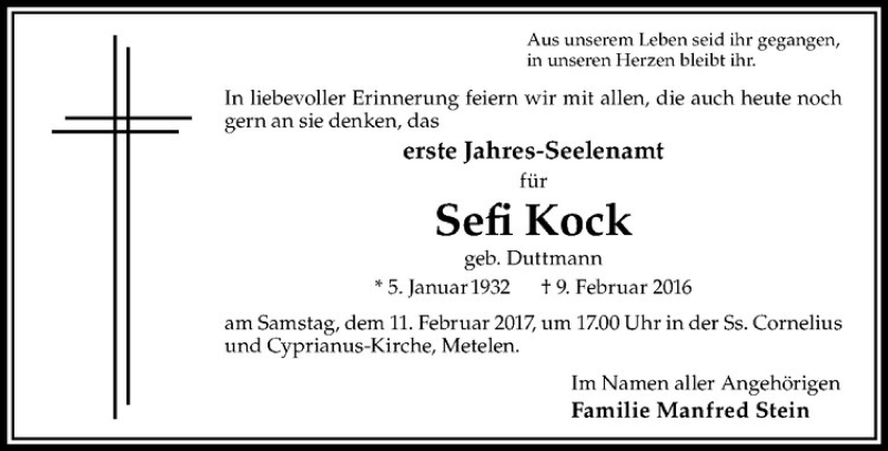  Traueranzeige für Sefi Kock vom 09.02.2017 aus Westfälische Nachrichten