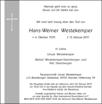 Anzeige von Hans-Werner Westekemper von Westfälische Nachrichten