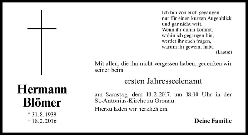  Traueranzeige für Hermann Blömer vom 14.02.2017 aus Westfälische Nachrichten