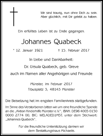 Anzeige von Johannes Quabeck von Westfälische Nachrichten
