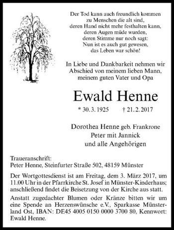 Anzeige von Ewald Henne von Westfälische Nachrichten