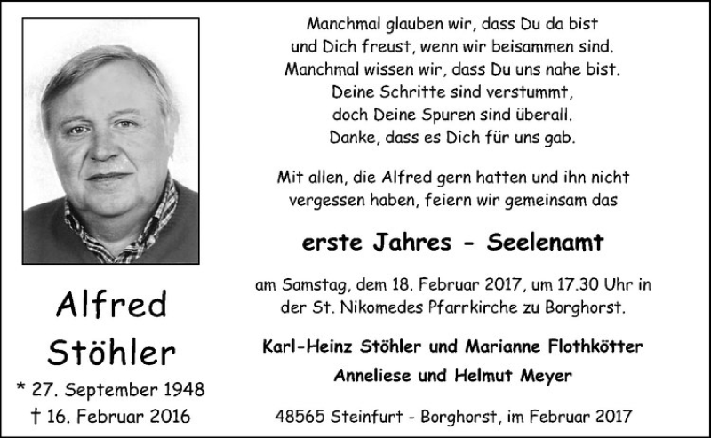  Traueranzeige für Alfred Stöhler vom 11.02.2017 aus Westfälische Nachrichten