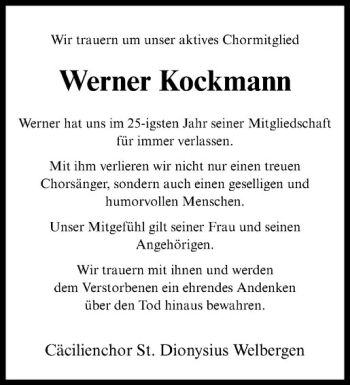Anzeige von Werner Kockmann von Westfälische Nachrichten