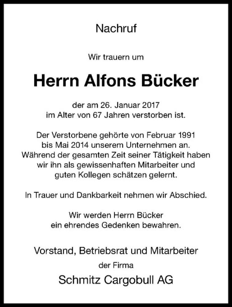  Traueranzeige für Alfons Bücker vom 03.02.2017 aus Westfälische Nachrichten