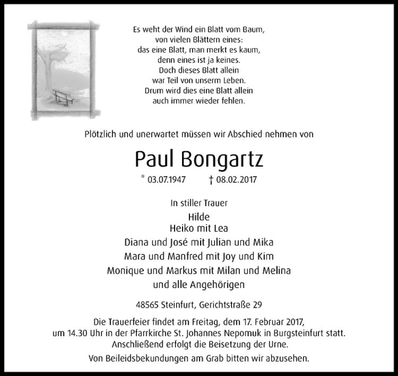  Traueranzeige für Paul Bongartz vom 14.02.2017 aus Westfälische Nachrichten
