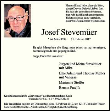 Anzeige von Josef Stevemüer von Westfälische Nachrichten