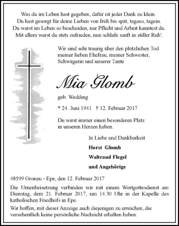 Anzeige von Mia Glomb von Westfälische Nachrichten