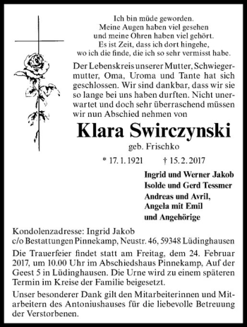 Anzeige von Klara Swirczynski von Westfälische Nachrichten