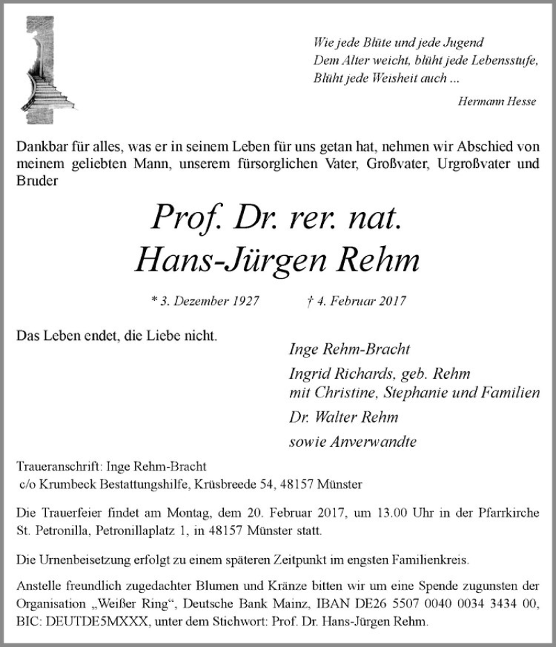  Traueranzeige für Hans-Jürgen Rehm vom 14.02.2017 aus Westfälische Nachrichten