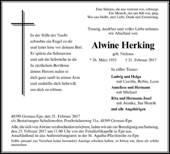 Anzeige von Alwine Herking von Westfälische Nachrichten