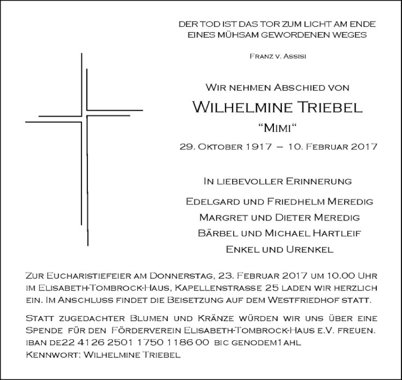  Traueranzeige für Wilhelmine Triebel vom 18.02.2017 aus Westfälische Nachrichten