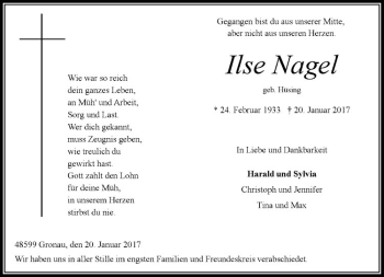 Anzeige von Ilse Nagel von Westfälische Nachrichten